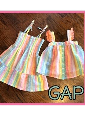 💗GAP Pastel Rainbow Stripe Sundress 3T and Button Tank 4T